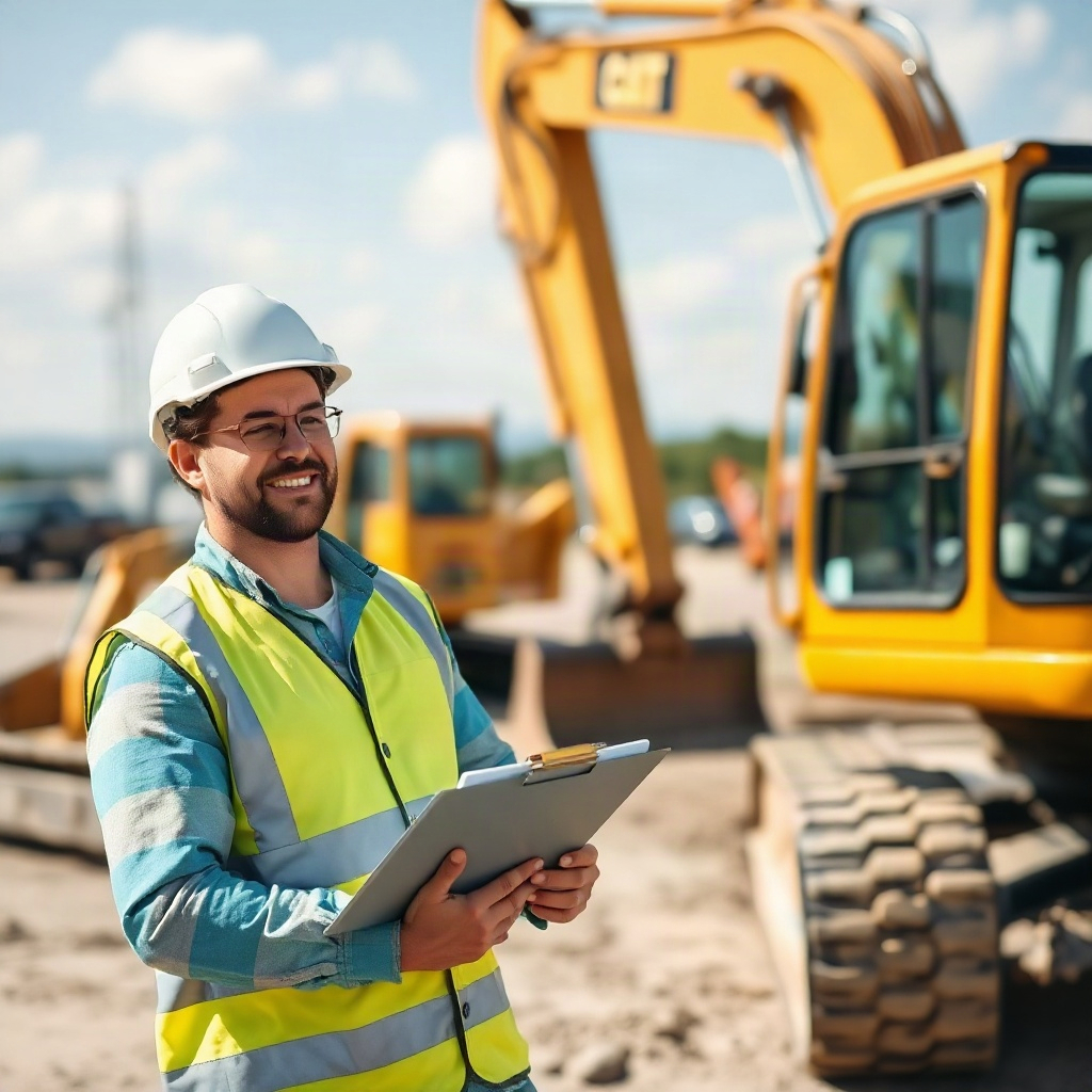 Construction site intern holding a clipboard beside an excavator